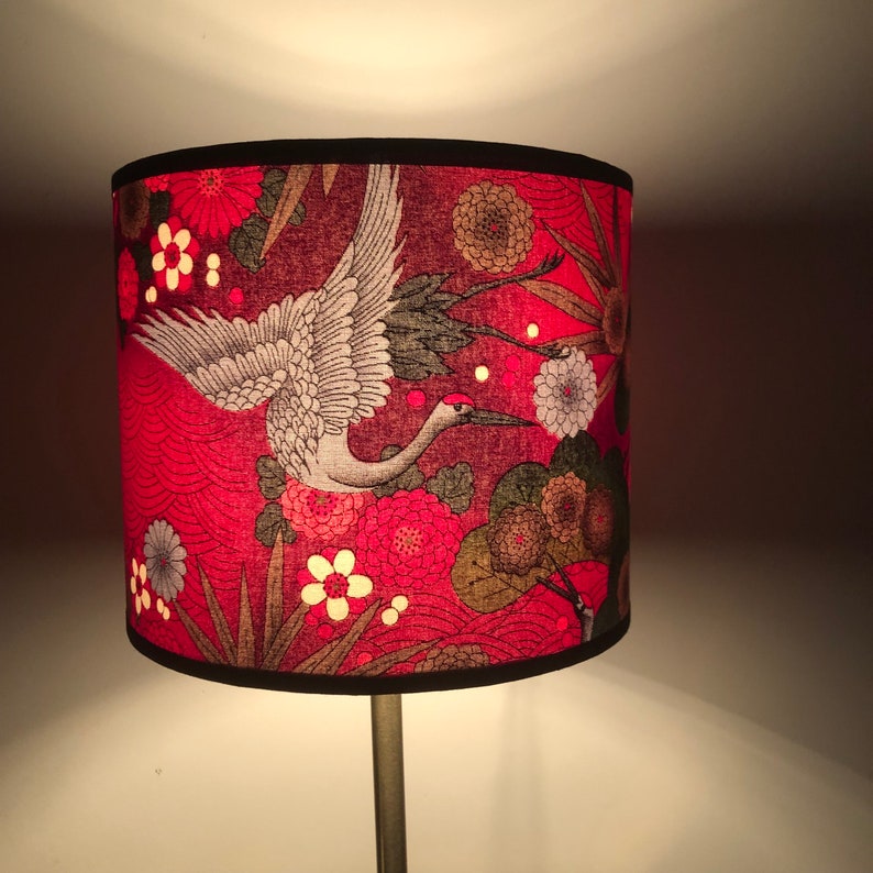 Round Japanese fabric lampshade in red, fuschia pink, silver and green bird crane and flower pattern, table lamp, floor lamp, ceiling light image 1