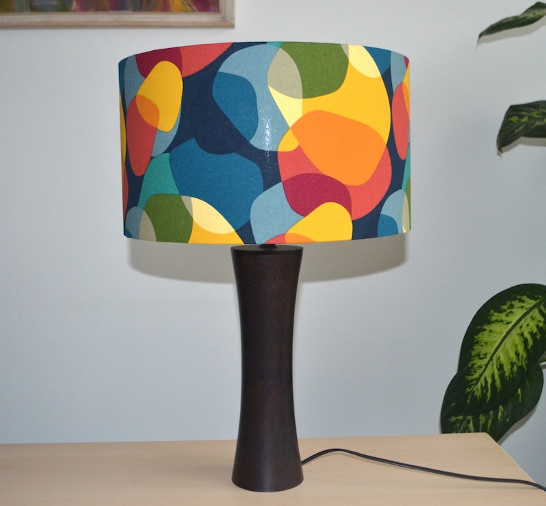 Retro printed cotton fabric lampshade, retro sixties pattern table lamp, living room suspension, ceiling light, multicolored cotton light fixture image 2