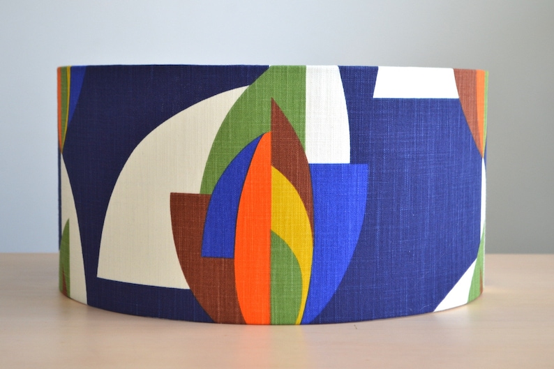 Vintage blauw oranje veelkleurige katoenen stof lampenkap, kleurrijke patroon tafellamp, woonkamer ophanging, plafondlamp, veelkleurige katoenen lamp afbeelding 1