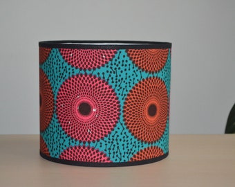 African wax lampshade turquoise orange and coral disc fabric, table lamp wax print pattern, African print suspension, fabric floor lamp