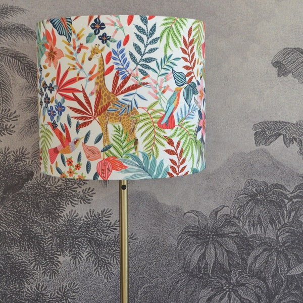 Abat jour tissu coton motif tropical, abat jour rond jungle oiseau, suspension, luminaire animaux tropicaux