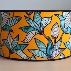 Yellow cotton fabric lampshade with blue and yellow flowers, table lamp with yellow floral fabric print, pendant light, yellow flower light