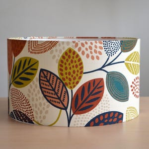 Cream cotton lampshade with multi-colored foliage pattern, round lampshade with multi-colored duck blue leaf print, pendant light, foliage light
