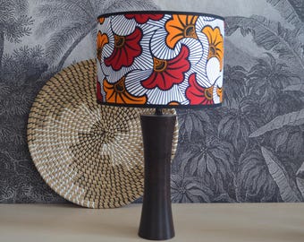 African wax print fabric lampshade with red and orange wedding flower design, wax print pendant light, African lighting, African wax print table lamp, pagne floor lamp