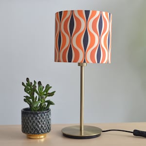 Orange and blue retro printed cotton fabric lampshade, vintage retro pattern table lamp, living room pendant light, ceiling light, retro cotton light fixture image 2