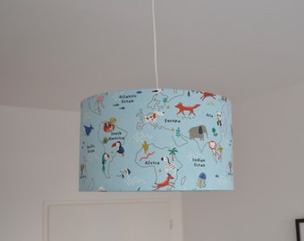 Blauer Baumwolllampenschirm für Kinderzimmer, Babytiere, Weltkarte, Tischlampe für Kinderzimmertiere, blaue Aufhängung für Kinderzimmertiere