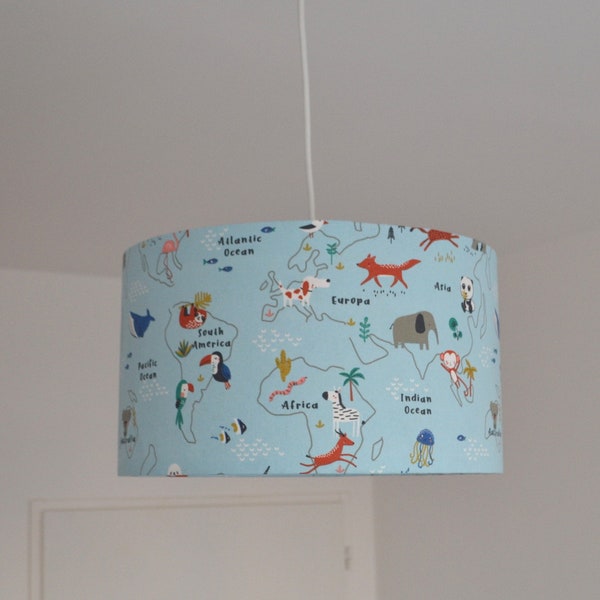 Abat-jour coton bleu chambre enfant bébé animaux carte du monde,  lampe à poser enfant animaux, suspension bleu chambre enfant animaux