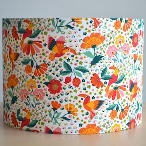 Colorful cotton fabric lampshade with tropical bird toucan flower pattern, round toucan bird lampshade, pendant light, tropical bird light fixture