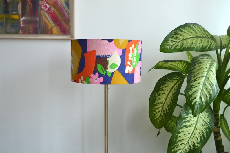 Graphic fabric lampshade, retro blue orange pink flower, multicolor vintage fabric printed table lamp, suspension, multicolor light fixture image 2