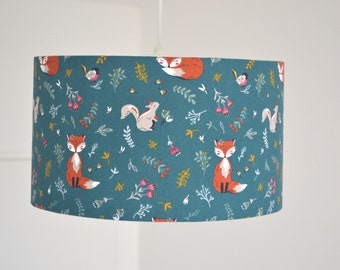 Abat-jour coton enfant renard bleu, lampe à poser motif animaux de la forêt, suspension bébé bleu renard écureuil