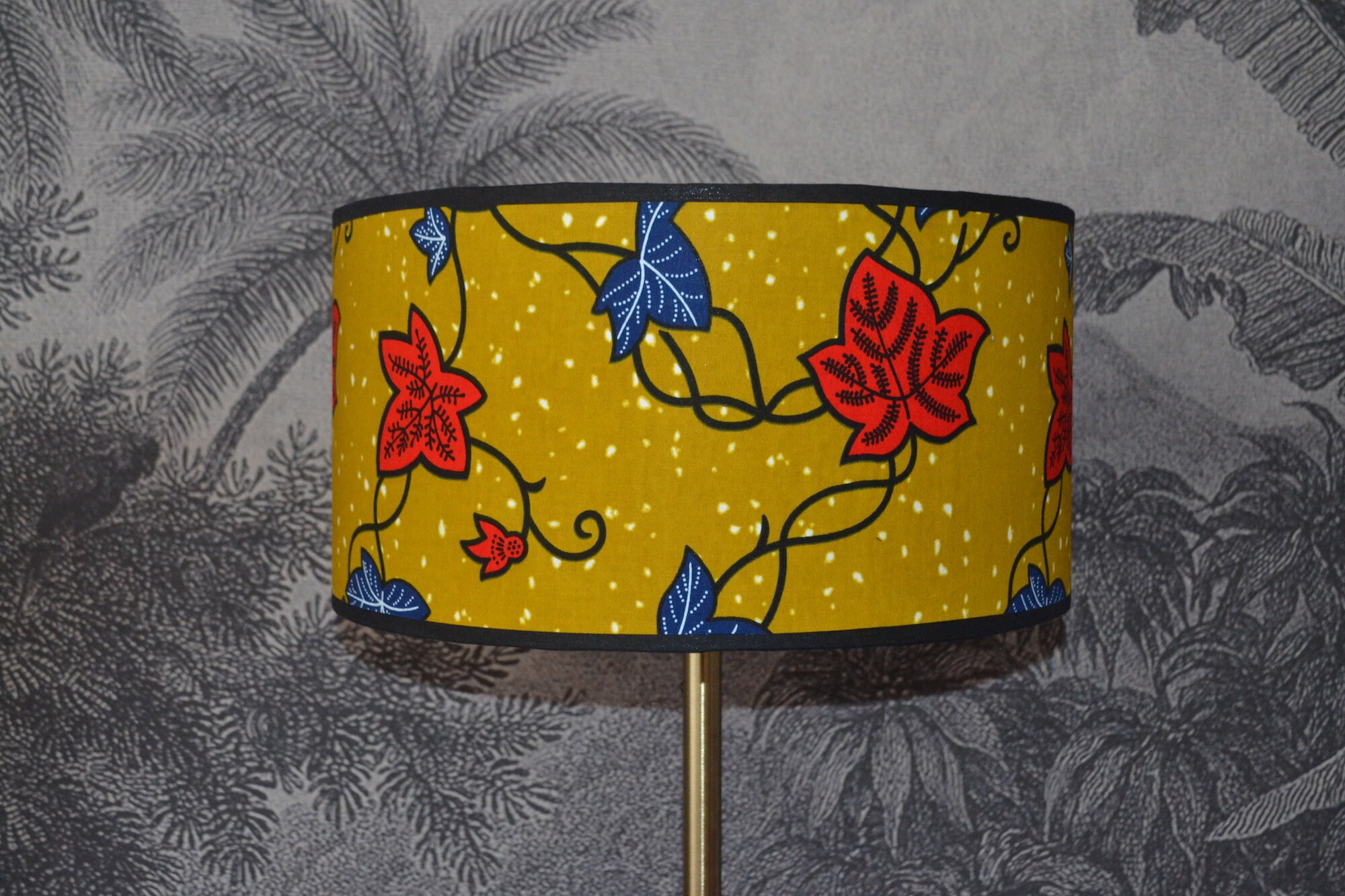 Abat Jour Tissu Africain Wax, Lampe à Poser Suspension, Wax Fleur Moutarde Bleu Rouge, Plafonnier, L