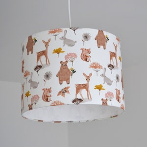 White cotton lampshade Michka children's bedroom forest animals: bear, rabbit, bear animal table lamp, baby animal bedroom pendant light