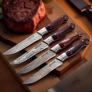Handmade Damascus steel Steak Knife Set | kitchen | Cutlary set | true layers | Rose Wood Handle | Sharp