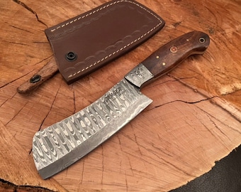 Handmade Damascus Steel Axe | Cleaver | Leather Cover | Kitchen | BBQ Gift