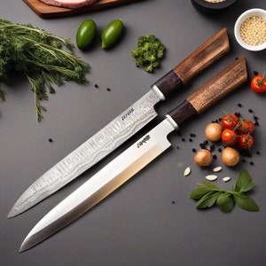 Handmade Kitchen, Chef gift | Yanagiba | Chef | Damascus Steel | Sandvik Steel | Octagon wood handle | Steel Ring