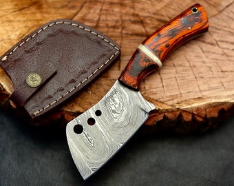 Handmade Damascus steel Mini Cleaver |  Kitchen, Chef | gift | Chopping | wood Handle | Leather Sheath
