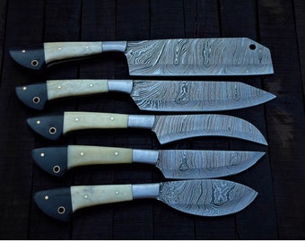 Handmade Damascus steel Kitchen Gift | Set of 5 and Leather RollOver bag | Cleaaver |Santoku | Peeler | Paring | Gift for Her/Him