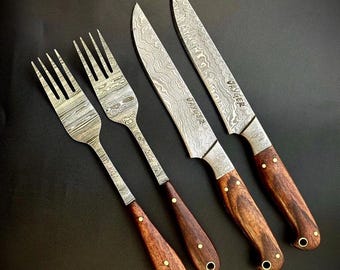 Handgemaakt bestek Chef-keukenmessenset | Steakmessenset | Vork | Echt damaststaal | Cadeau | Rozenhouten handvat