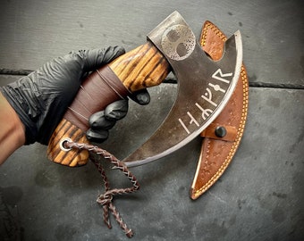 Handmade Pizza Cutting Axe | Forged Steel | Cleaver | Wood Handle Leather Wrapped | Leather Cover | Life symbol Engraved