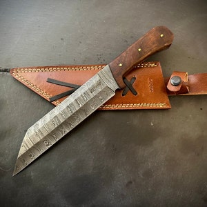 Handmade Seax -Viking Sax Hunting  Knife-Damascus Steel-Leather Sheath-Wood Handle-