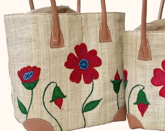 Poppy Tote Bag - Woven baskets with leather handles in 2 sizes