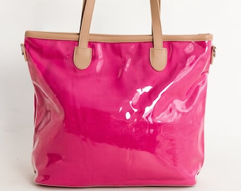 Deep pink Cotton Coated Tote Bag with strap and long handles inner slip pocket and inner zipped pocket
