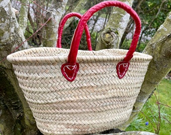 French Market Baskets with coloured leather handles - RED or BROWN