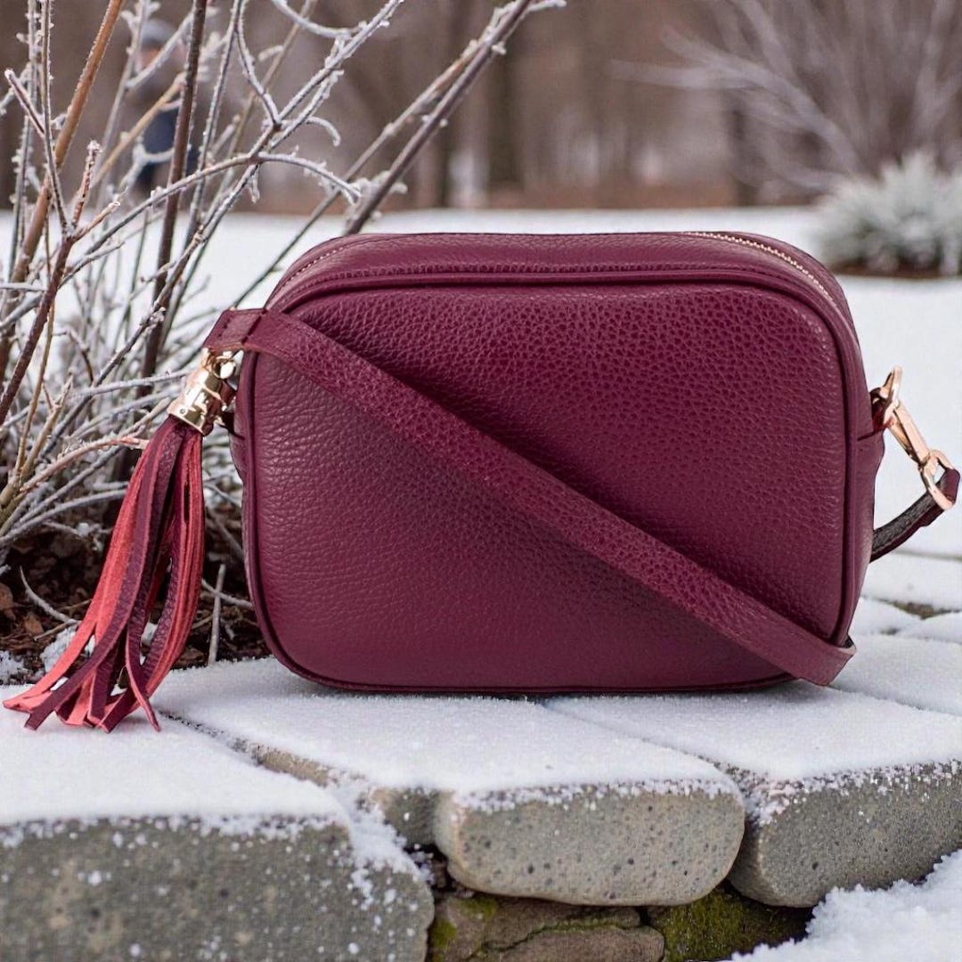 Deep Red Italian Leather Cross Body Bag With Tassel and  display picture 2
