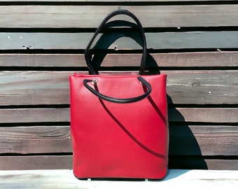 Large Leather Tote Bag in Red or Pink with black leather handles - pocketed interior