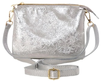 Silver Italian Leather Triple Section Crossbody Bag