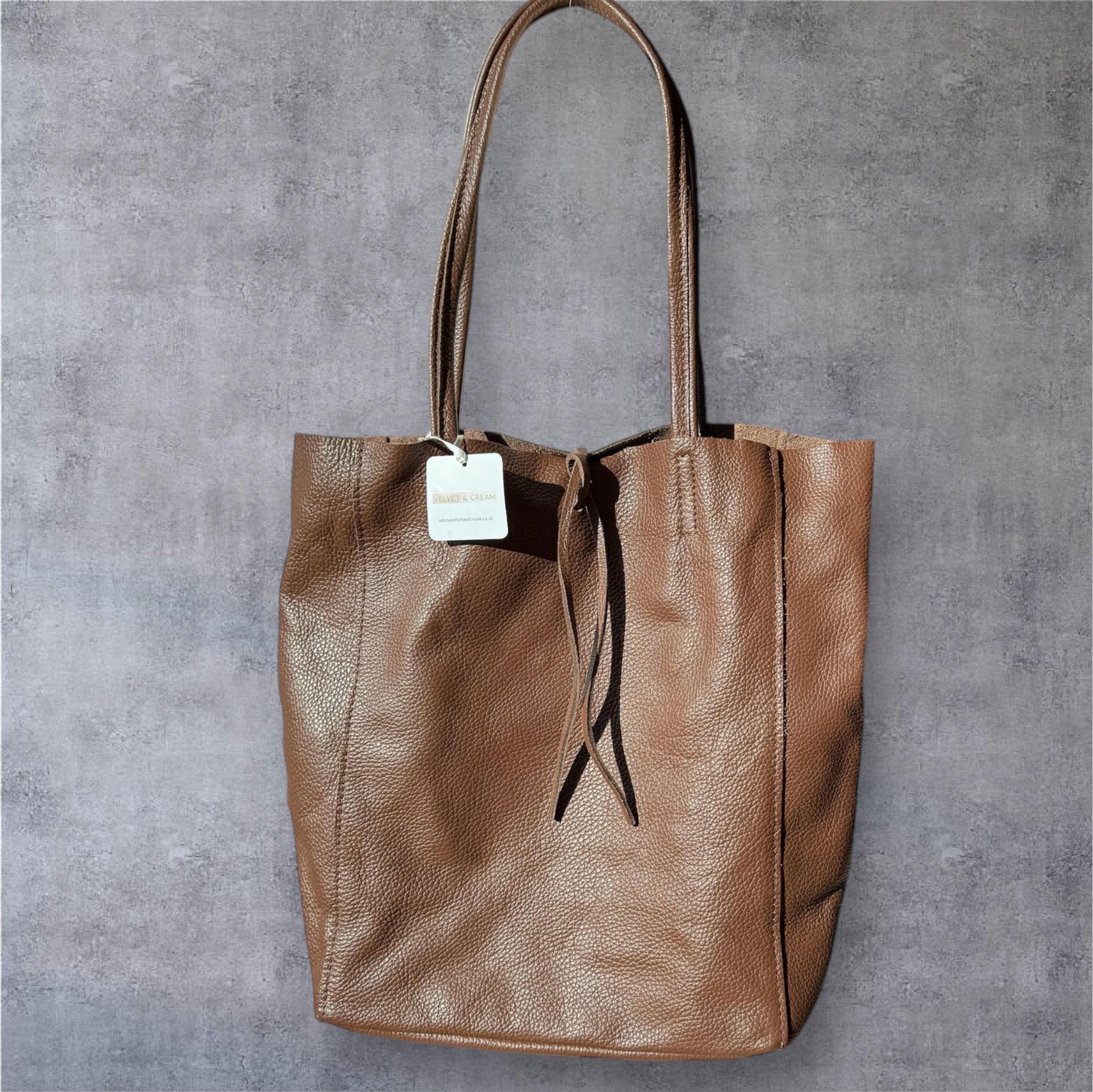 Soft Italian Leather Tote Bag: Milk Chocolate Brown, Large Capacity