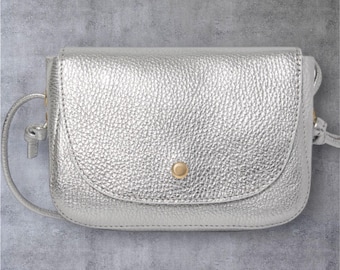Silver Leather Flap Crossbody Bag: Small Italian Leather Purse