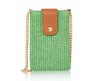 Green - Woven Straw Phone Bag with Gold Chain Strap and Leather fastening
