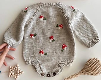 Handknit Mushroom Baby Romper Long Sleev