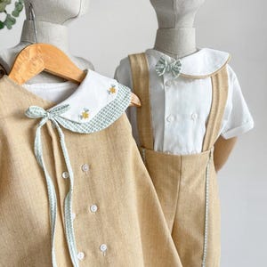 Matching Linen Siblings Outfit Set: Honey-Beige Dress & Romper, Hand-Embroidered
