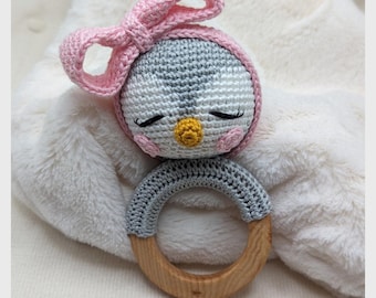 Personalized baby rattle, Baby Grasping Toy,Crochet Penguin rattle, Penguin Gift for Baby Girl, Wooden Rattle Ring with Engraved Baby Name,
