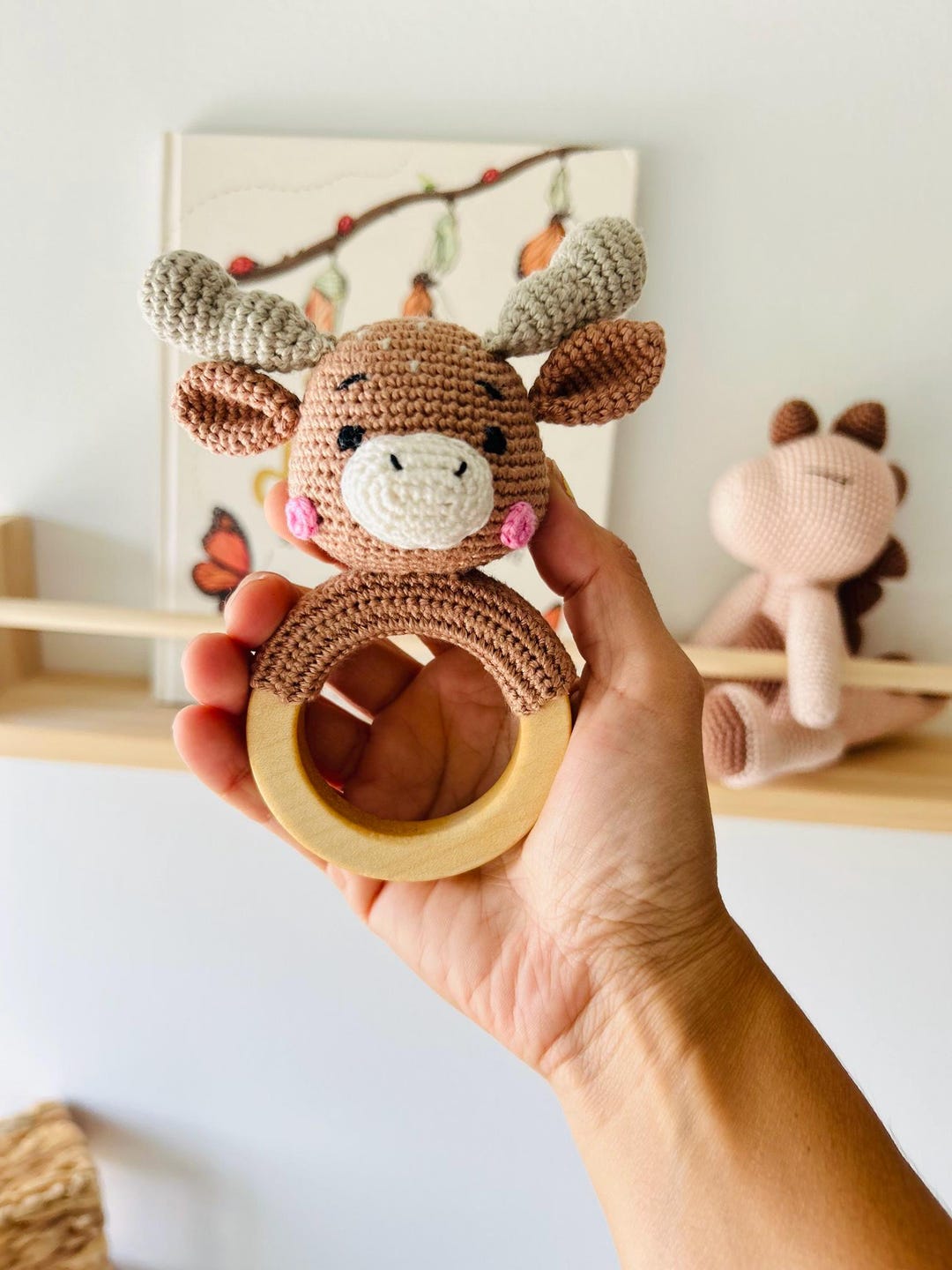 Personalized Crochet Moose Baby Rattle Teether – Handmade Organic ...