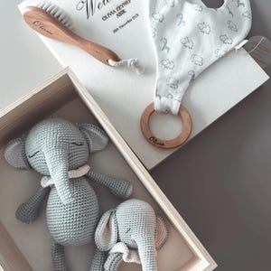 Personalized Baby Gift Box – Elephant Rattle, Amigurumi Elephant Toy, Bib & Baby Brush
