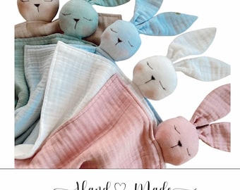 Bunny Muslin Cotton Baby Lovey, Baby Sleep Companion, Organic Security Blanket