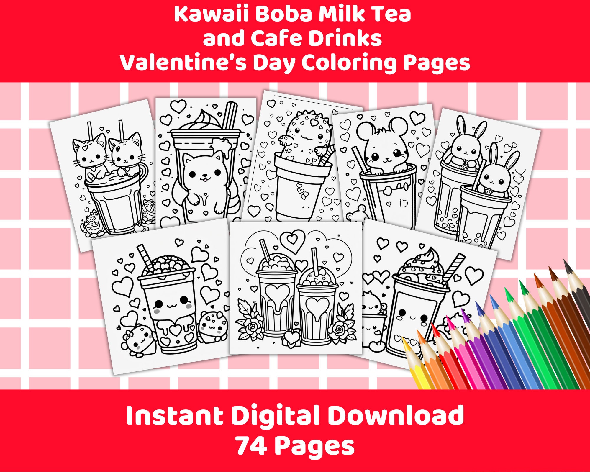Valentine's Day Kawaii Boba Milk Tea and Drinks Coloring Pages ...