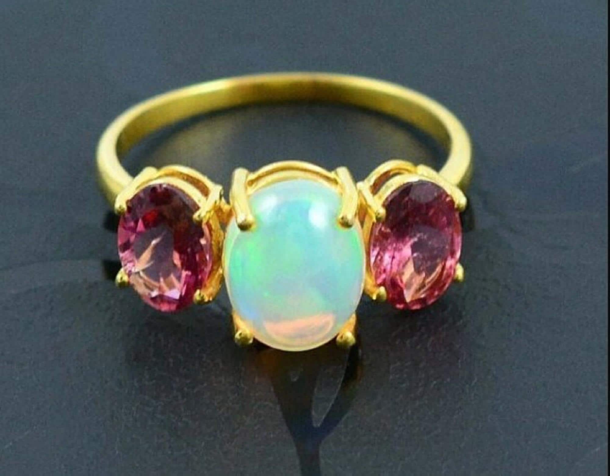 Ethiopian Opal Ring | Gold Opal Ring | Opal With Rubellite Wedding Ring | 925 Sterling Silver Ring | Over Gold Plated Jewelry