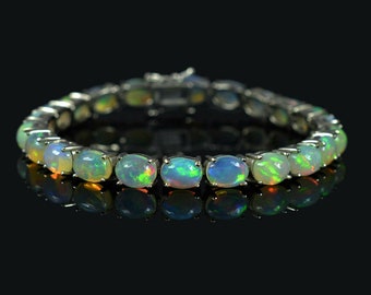 Ethiopian Opal Tennis Bracelet, Sterling Silver, October Birthstone