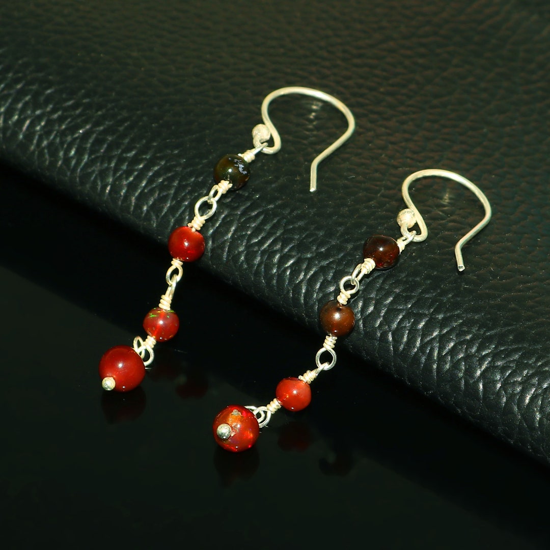 Ohrring Mit Kette Für 2 Ohrlöcher Natürliche schwarze Opal Perlen Ohrring, 925 Silber Opal Baumeln