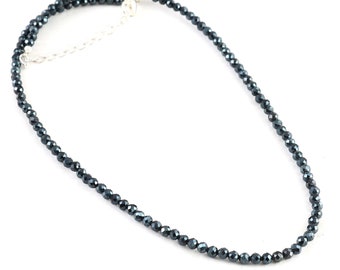 Faceted Black Diamond Necklace, 925 Sterling Silver Beaded Jewelry