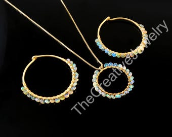 14K Gold Opal Bead Hoop Earrings & Necklace Set | Dainty Opal Jewelry