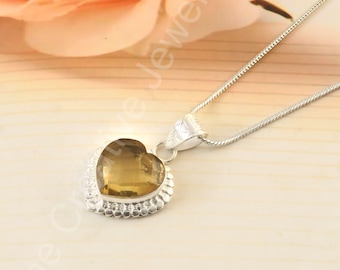 Colgante de corazón de citrino, collar de plata de ley con piedra preciosa, regalo de citrino hecho a mano para mujer.