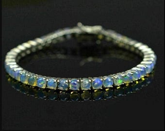 Ethiopian Opal Tennis Bracelet, 925 Sterling Silver, October Birthstone