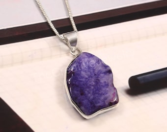 Natural Purple Agate Charoite Pendant with Sterling Silver Chain – Handmade Gemstone Necklace