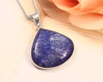 Blue Dragon Vein Agate Necklace, Teardrop Gemstone Pendant, Sterling Silver Boho Jewelry,