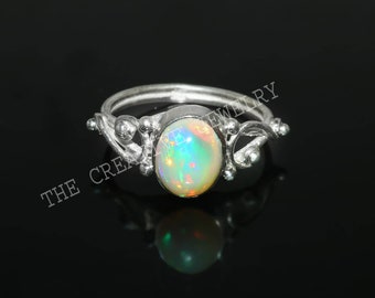 Genuine Ethiopian Fire Opal Ring, Silver Opal Ring, October Birthstone Ring, Gemstone Jewelry, Valentine&#39;s day Gift Jewelry